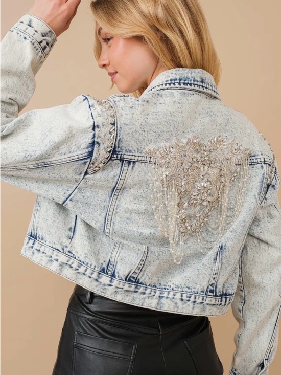 blue b Jackets & Blazers - New Blue B. Rhinestone Beaded Acid-Wash Cropped Jean Jacket